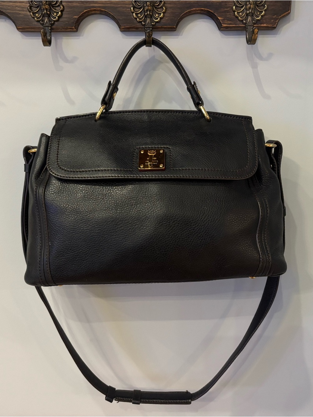 MCM Black Leather Top-Handle Satchel with Gold Hardware